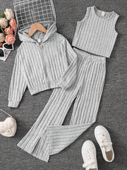 Girls' 3-Piece Outfit Set Long Sleeve Zip Hoodie Tank Top Pants Solid Rib Knit Fall Spring