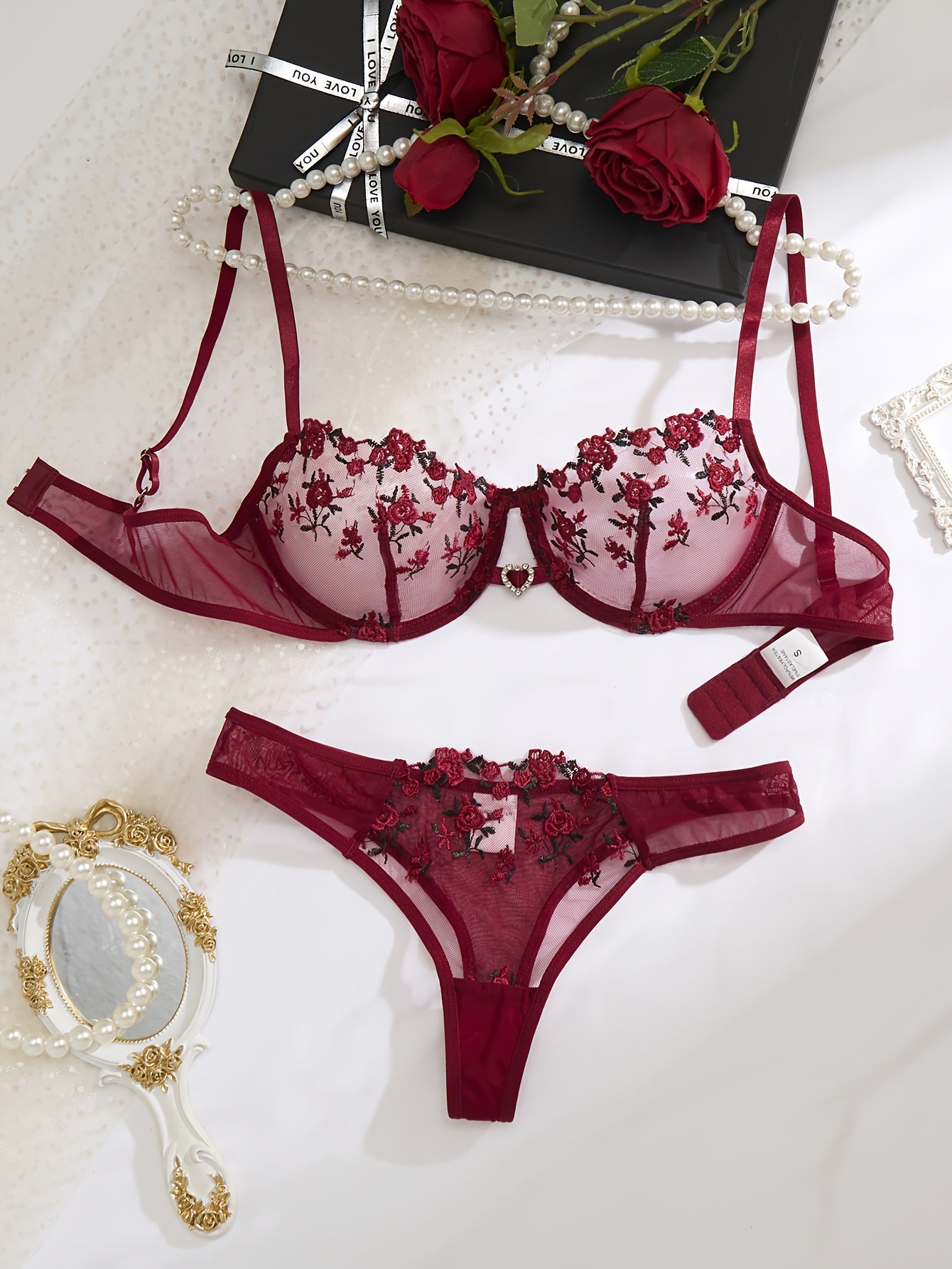 Women's Red Floral Embroidered Lingerie Set with Sheer Mesh Bra and Low-Rise Panties
