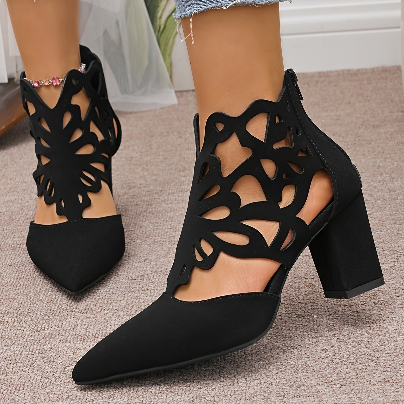 Women's Black High Heels Chunky Heel Cut-Out Butterfly Pointed Toe