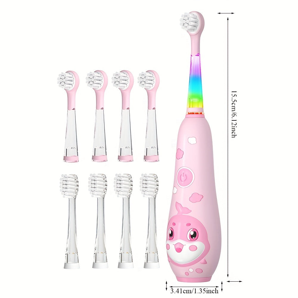 Kids Electric Toothbrush for Ages 0-6 with Whale Design, 8 Replacement Heads, 2-Minute Timer