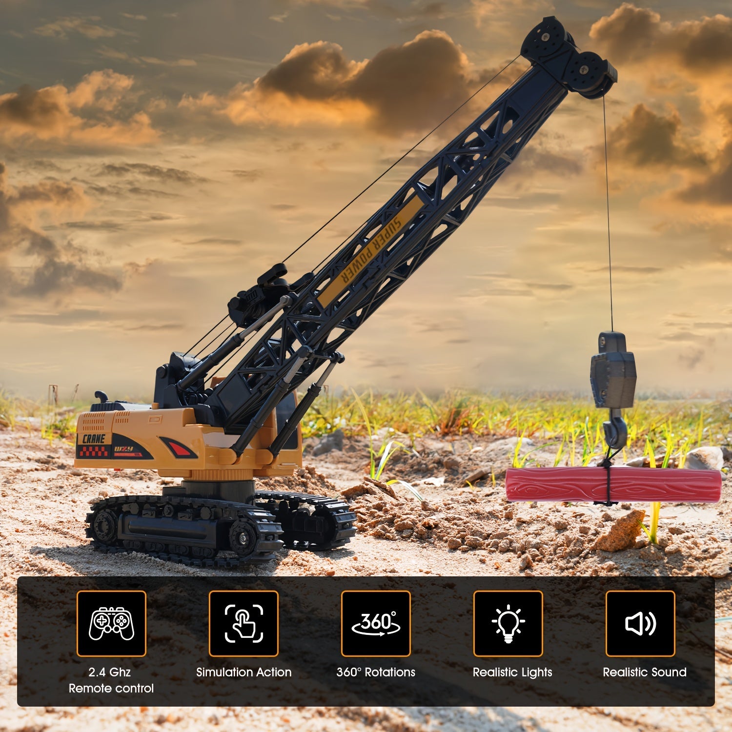 Juguete de grúa RC de 2.4GHz amarillo con luces, sonidos, rotación de 360°, control remoto de 8 canales, batería recargable