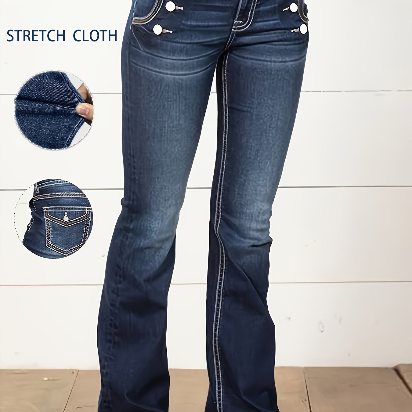 Jeans de mujer azul marino de corte bootcut casuals de mezclilla elástica con cinco bolsillos