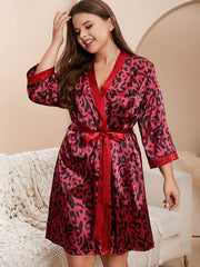 Bata de satén con estampado de leopardo para mujer talla plus con cinturón, bata sin mangas para vestir