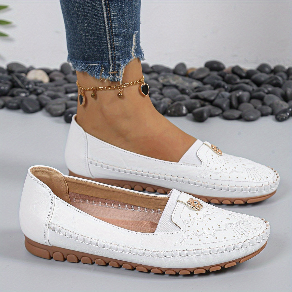 Women's White Embroidered Slip-On Loafers with Gold Accents