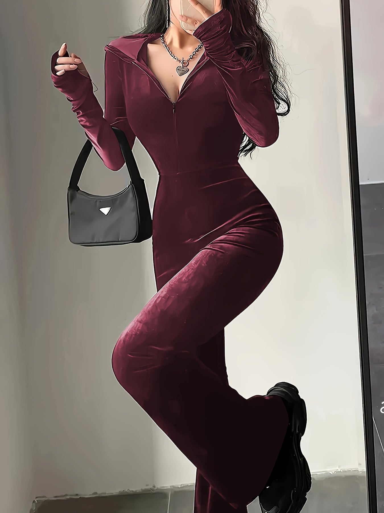 Women's Zipper Front Jumpsuit Hooded Long Sleeve Casual Fall Spring Knit Polyester Solid