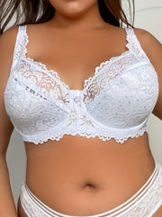 Plus Size E Cup Lace Underwire Bra Medium Stretch Solid Color Hollow Support