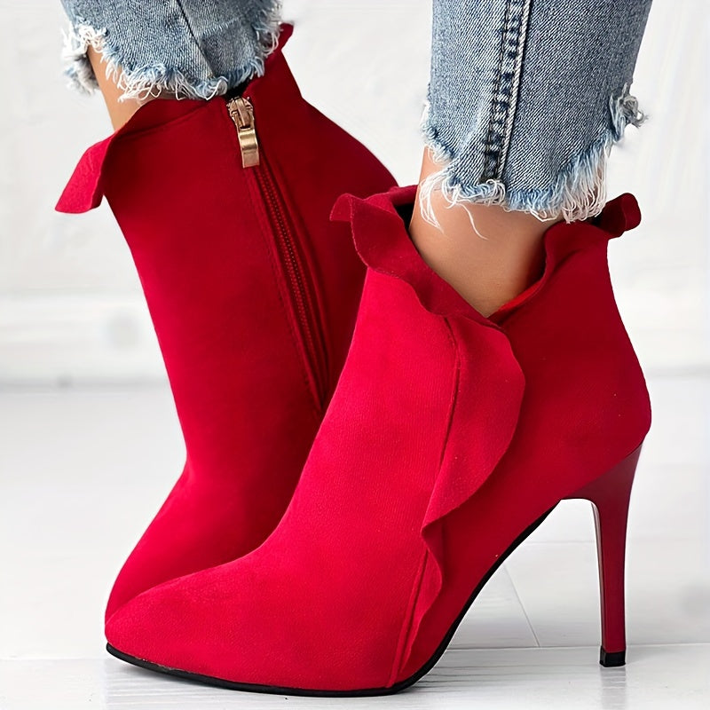 Women's Solid Color Stiletto Ankle Boots with Pointed Toe and Side Zipper