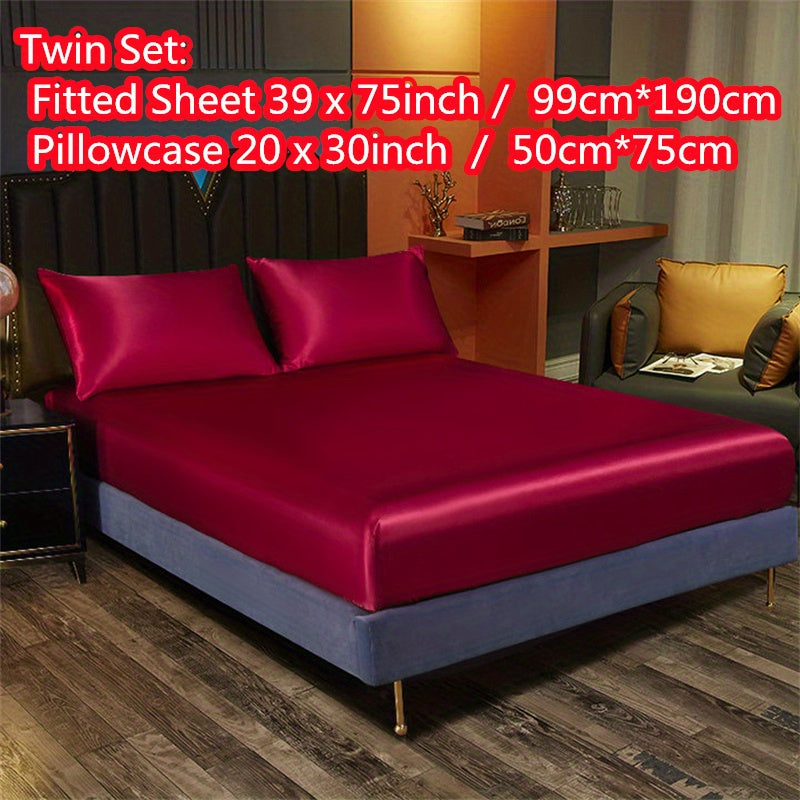 Satin Bedding Set 3 Pieces Fitted Sheet and Pillowcases Solid Color