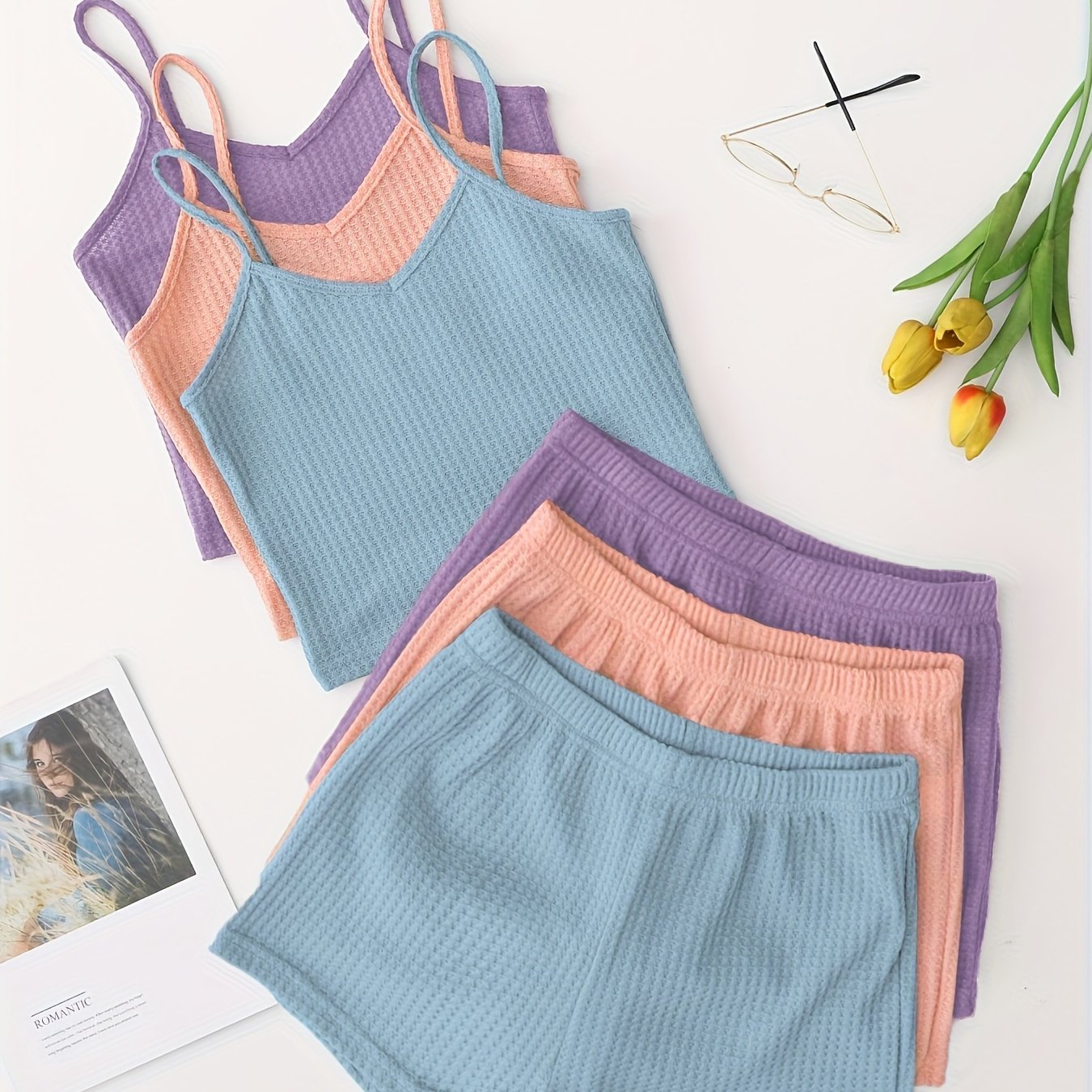 Women's Waffle Lounge Set Camisole Top Shorts Elastic Waist Casual Sleepwear