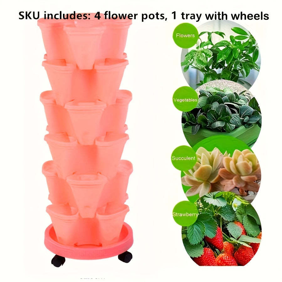 4-Tier Vertical Planter Set with Rolling Plant Caddy Indoor Outdoor Garden Tower