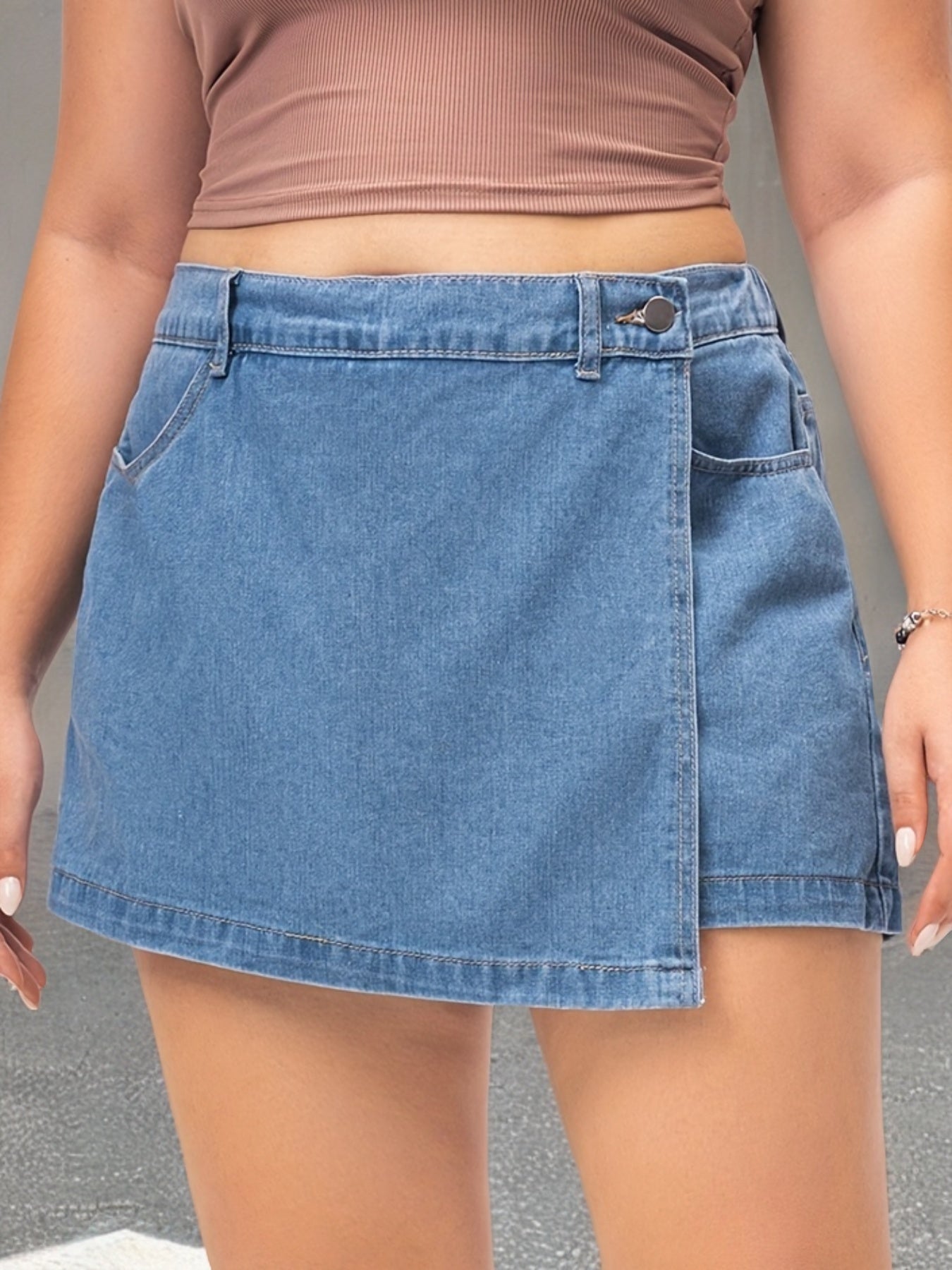 Women's Light Blue Denim Skort Casual Style Flap Pockets Spring Summer