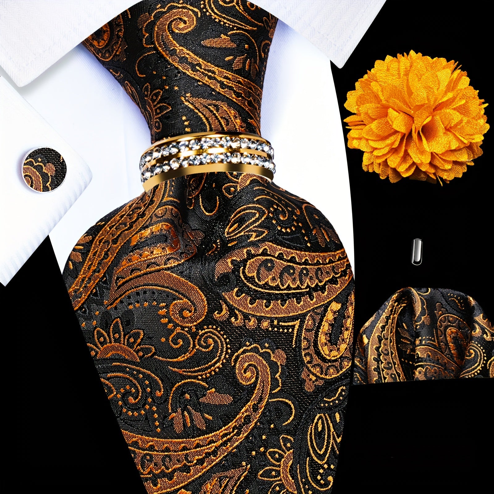 Men's Formal Tie Set with Pocket Square Cufflinks Tie Clip Lapel Pin and Ring for Weddings and Occasions