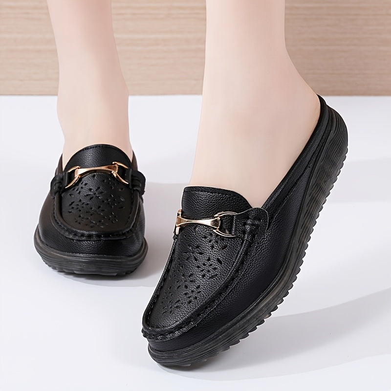 Women's Metal Buckle Mules, Flat Breathable Casual Shoes, Anti-slip