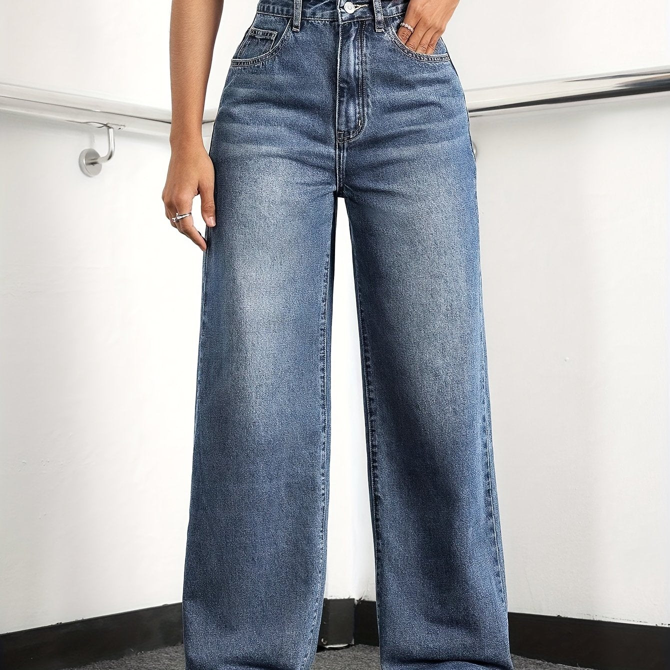 Women's Wide Leg Jeans High Waist Washed Details Casual Cotton Blend