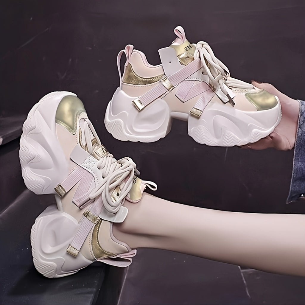 Women's Chunky Platform Sneakers White Pink Synthetic Lace-Up Shoes