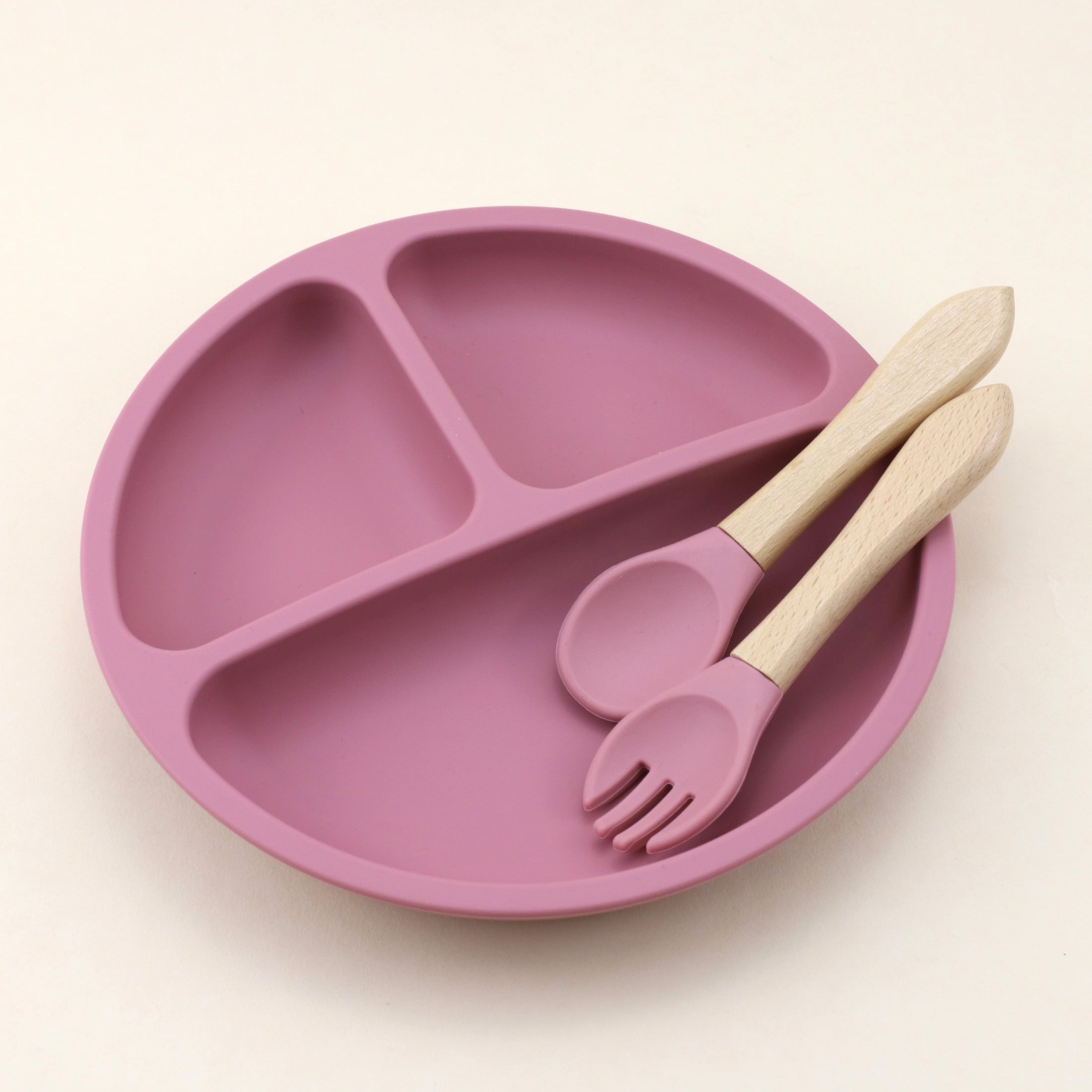 Baby Feeding Set 3-Piece Silicone Divided Plate with Suction Wooden Spoon Fork Red