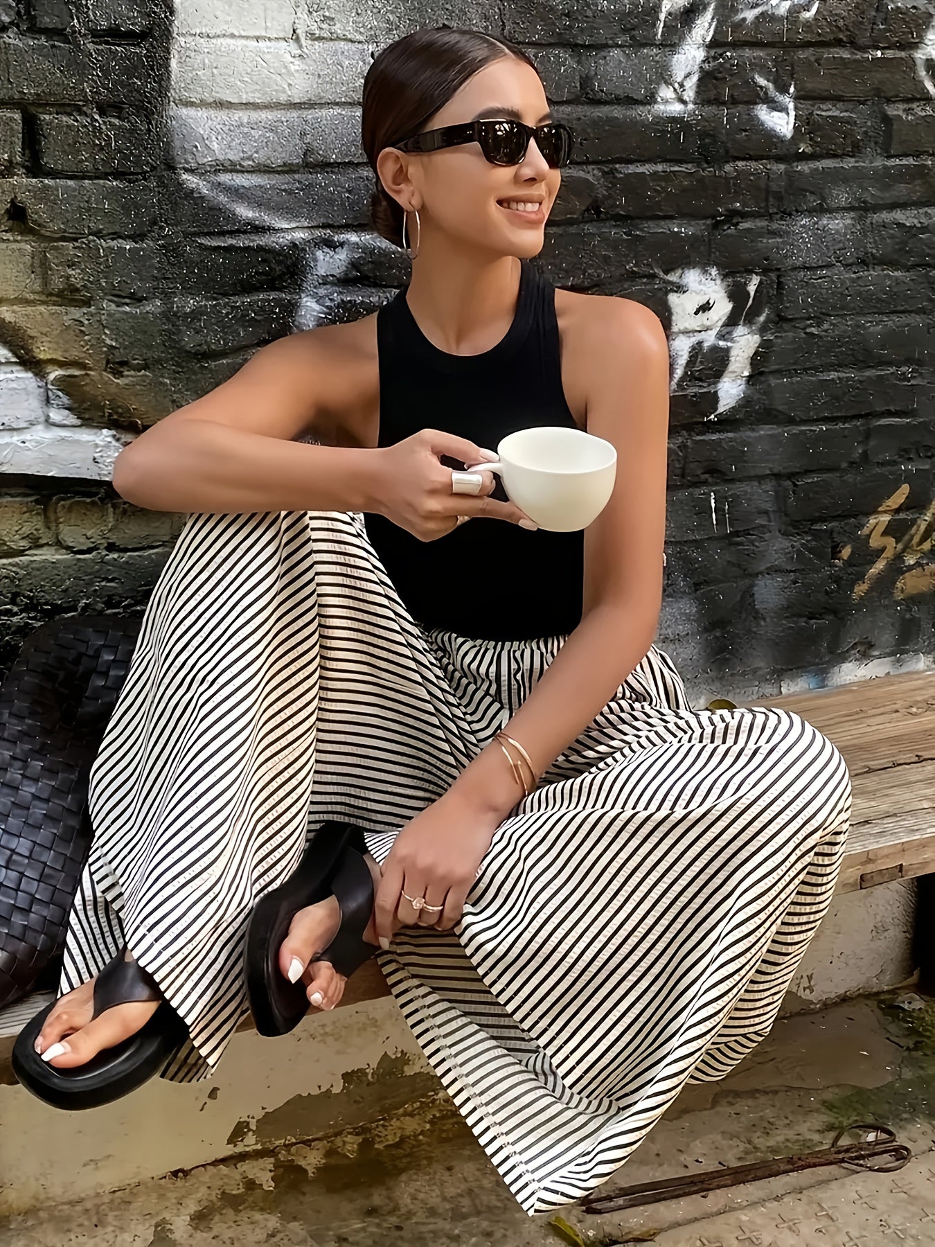 Women's Polyester Wide-Leg Pants Elastic Waist Black and White Stripes