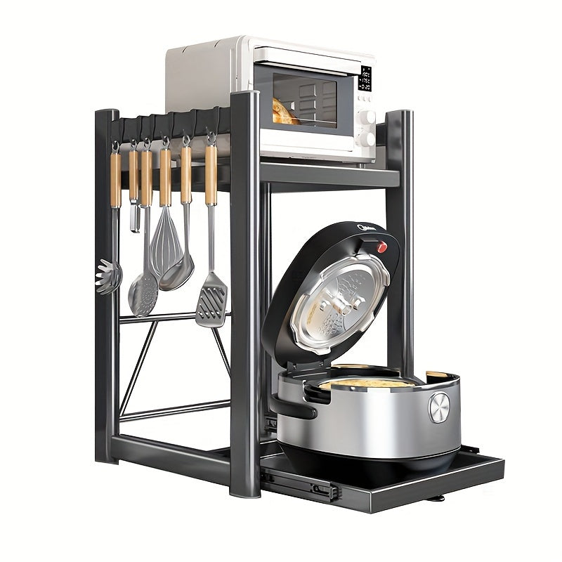 Soporte de microondas de metal con cajón y estantería abierta para almacenamiento en la cocina