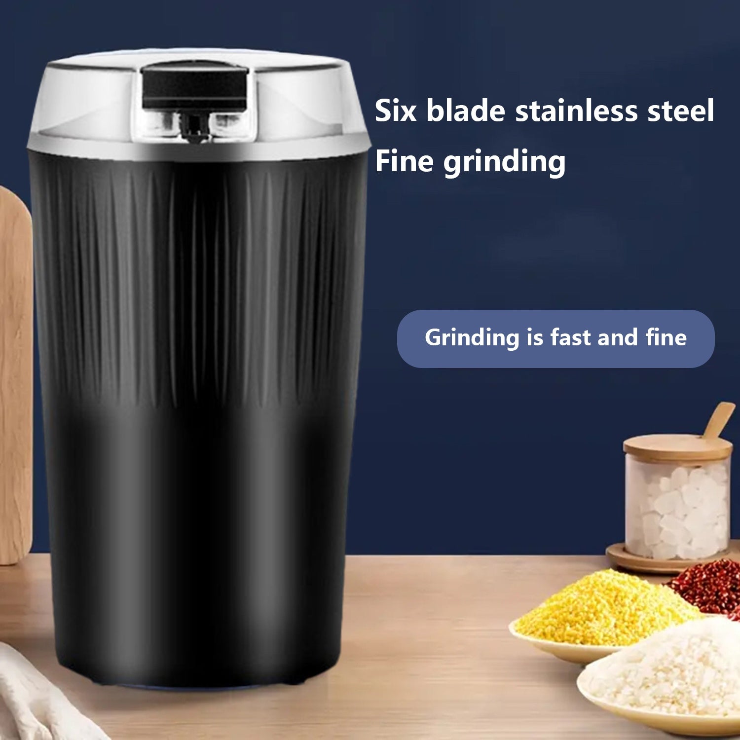 Uy elektr spice maydalagich, zanglamaydigan po'latdan yasalgan stakan korpus va oziq-ovqat sifatidagi material ichki qoplama bilan, kichik va portativ, oshxonada ziravorlar, loviya va donlarni maydalash uchun qulay foydalanish uchun.