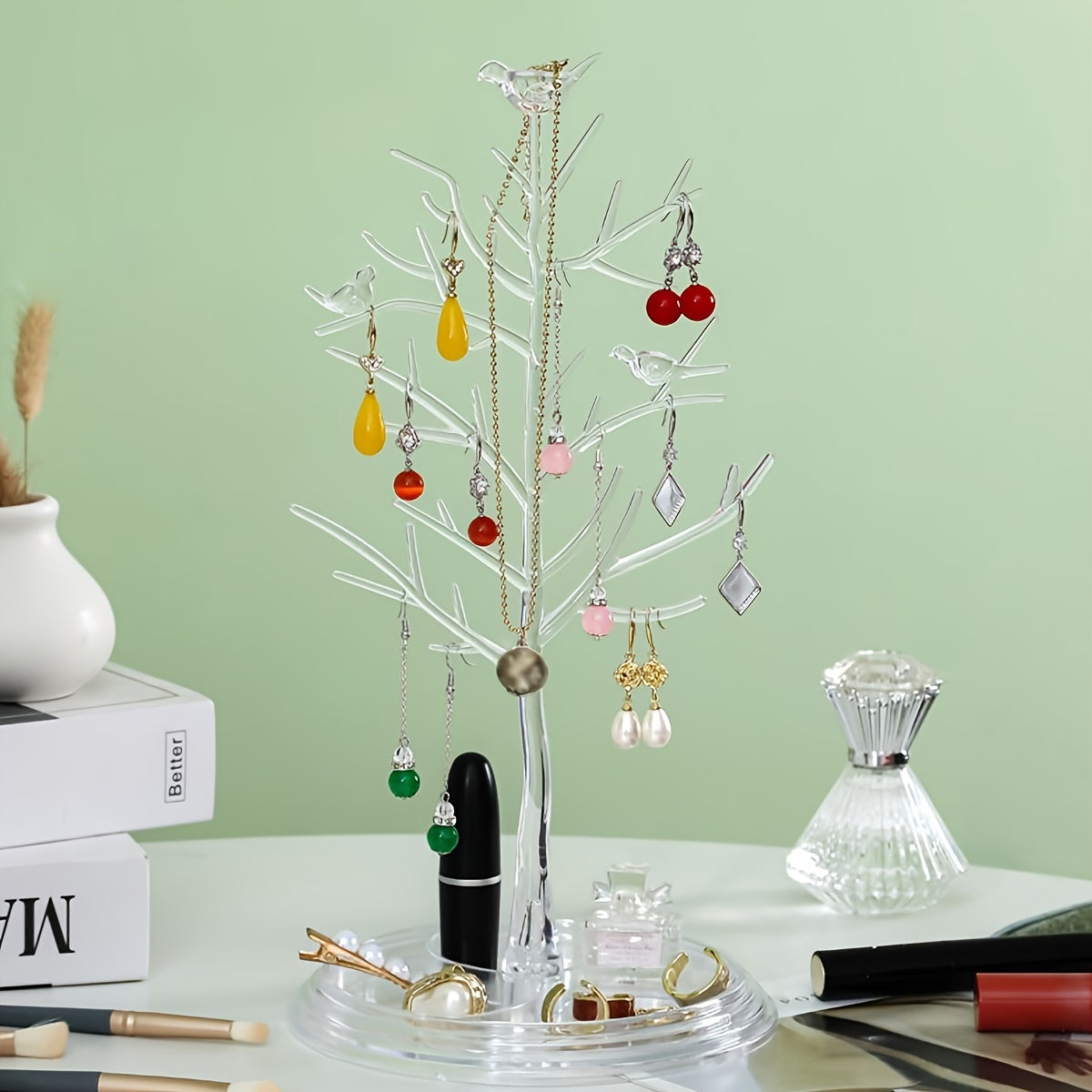 Acacia Bird Tree Jewelry Organizer for Necklaces Bracelets Earrings Rings with Key and Mask Storage