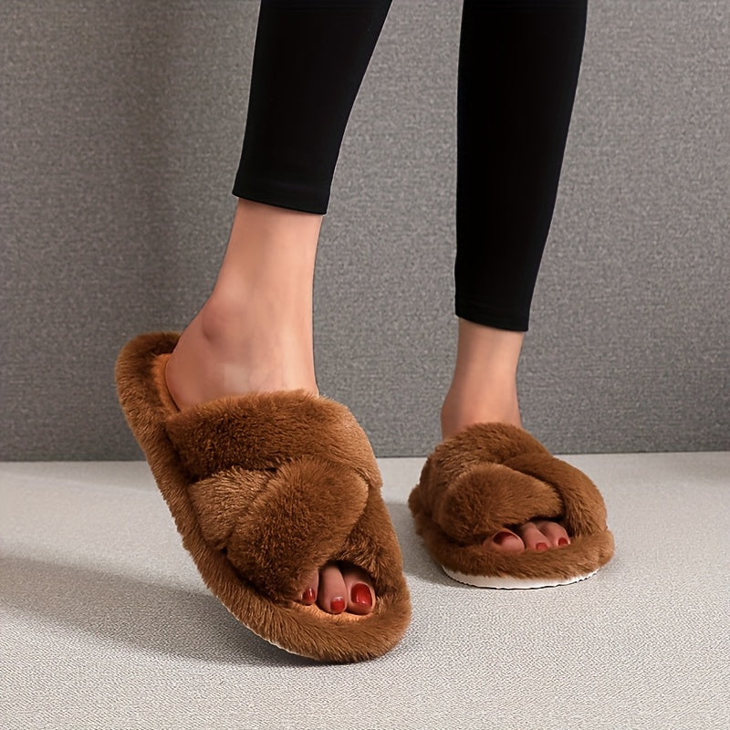 Women's Plush Non Slip Indoor Slip-On Slippers with Cross Straps
