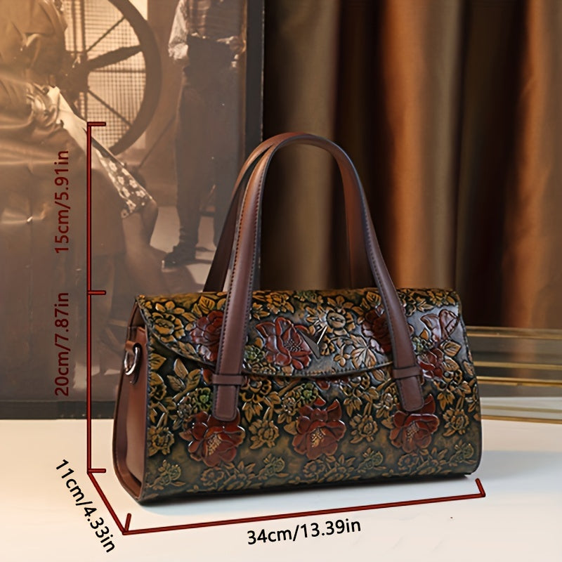 Vintage Floral Handbag for Women with Removable Strap Coffee Green PU Messenger Bag