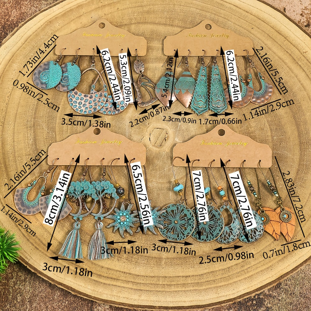 Men's Retro Distressed Geometric Round Dangle Earrings Set of 12 Holiday Party Jewelry