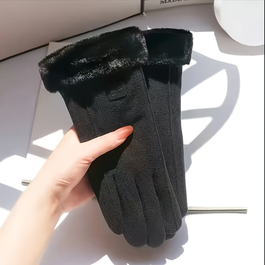Women's Beige Touchscreen Gloves with Plush Lining Full Finger Winter Warmth