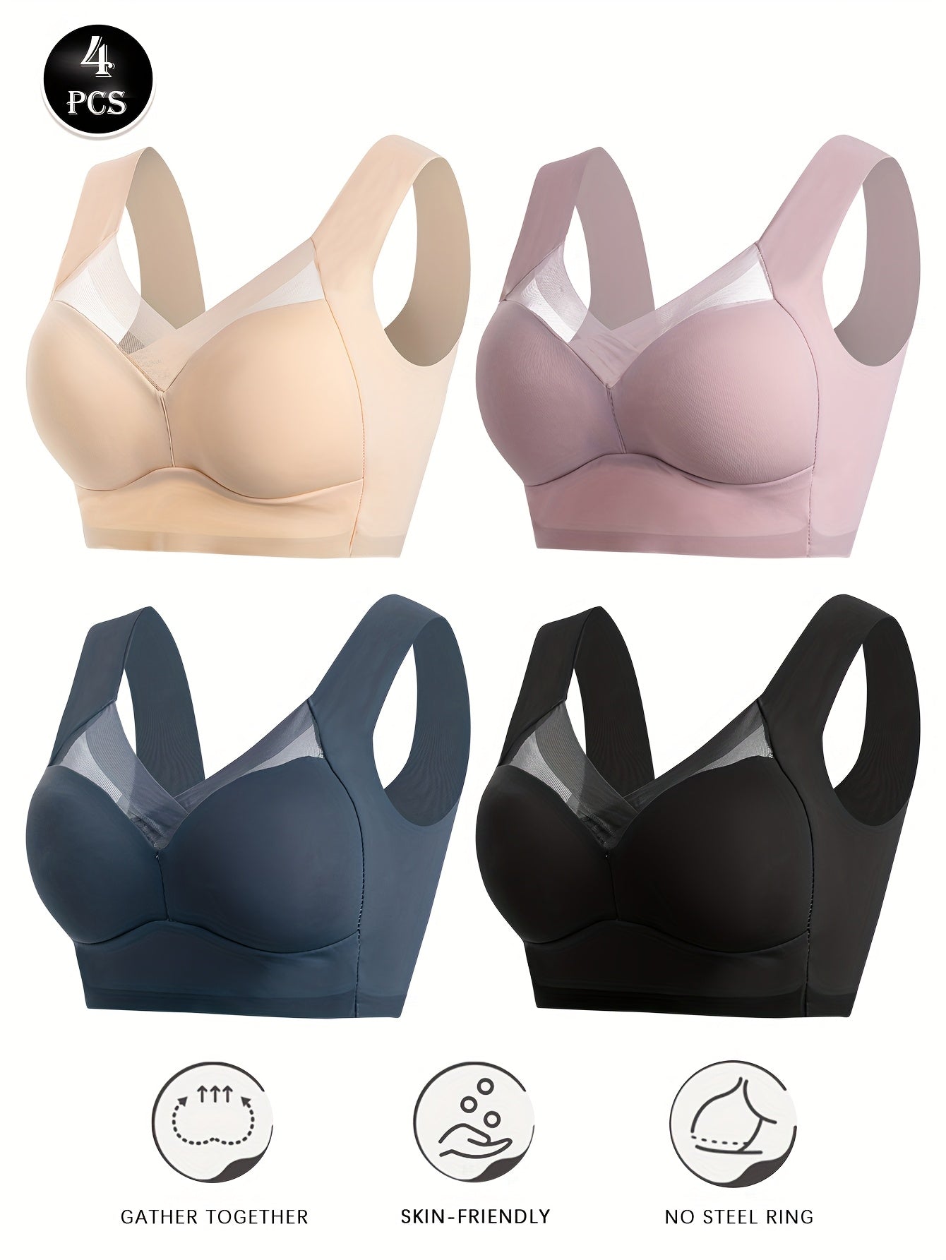Women's Seamless Wireless Bra Set 4 Pack Non-Padded Comfortable Stretchy