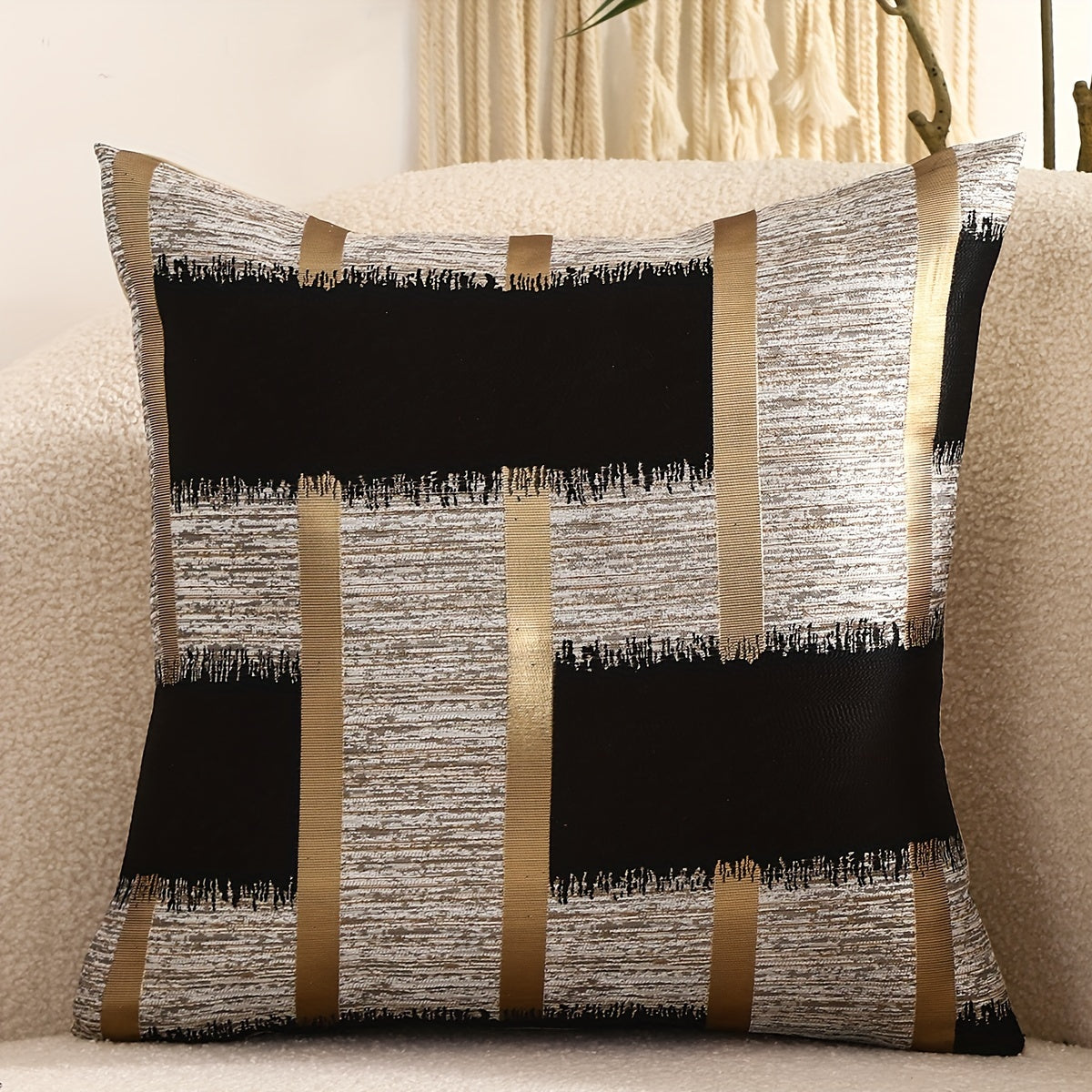 Set of 2 Geometric Pattern Silk Jacquard Throw Pillow Covers Black White Gold for Living Room Sofa Decor