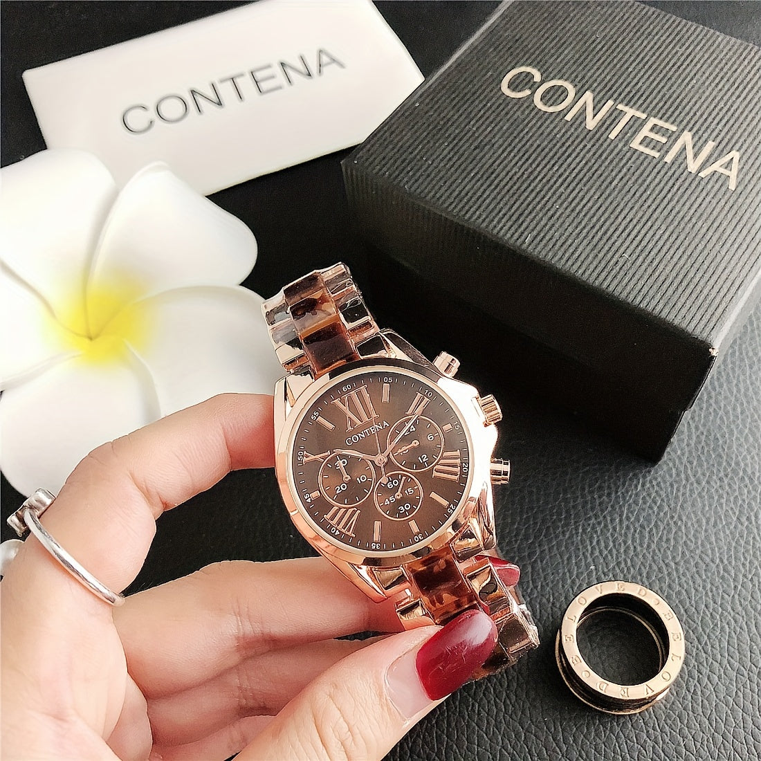 Reloj de mujer en oro rosa con cuarzo, fases lunares y calendario, pulsera de acero inoxidable