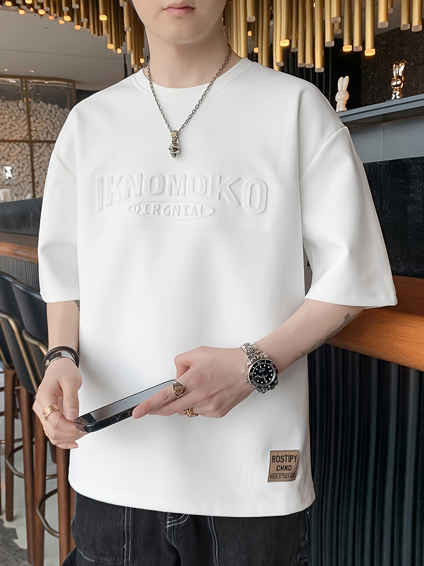 Camiseta de manga corta para hombre, transpirable, de poliéster, con patrón de letras, casual, para verano, ajuste cómodo