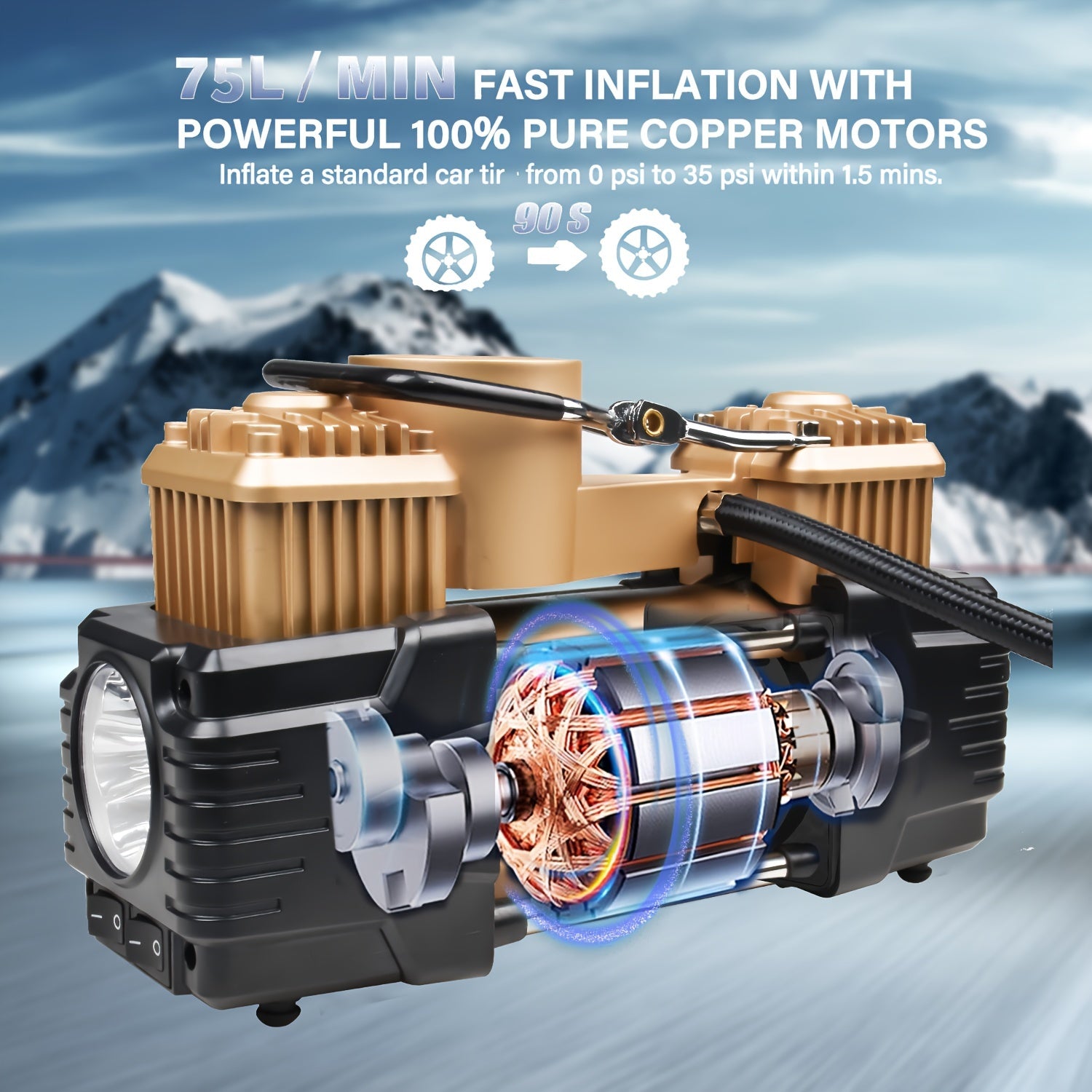 Meshuba Og'ir Vaznli 12V Ikki Silindrli Havo Kompressori, Aniq O'lchov va Favqulodda Chiroq bilan - Avtomobillar, Velosipedlar, SUVlar uchun Portativ Shina Inflatori - Shlang, Klamp, Ignalar, Olib Yurish Sumkasi bilan birga.