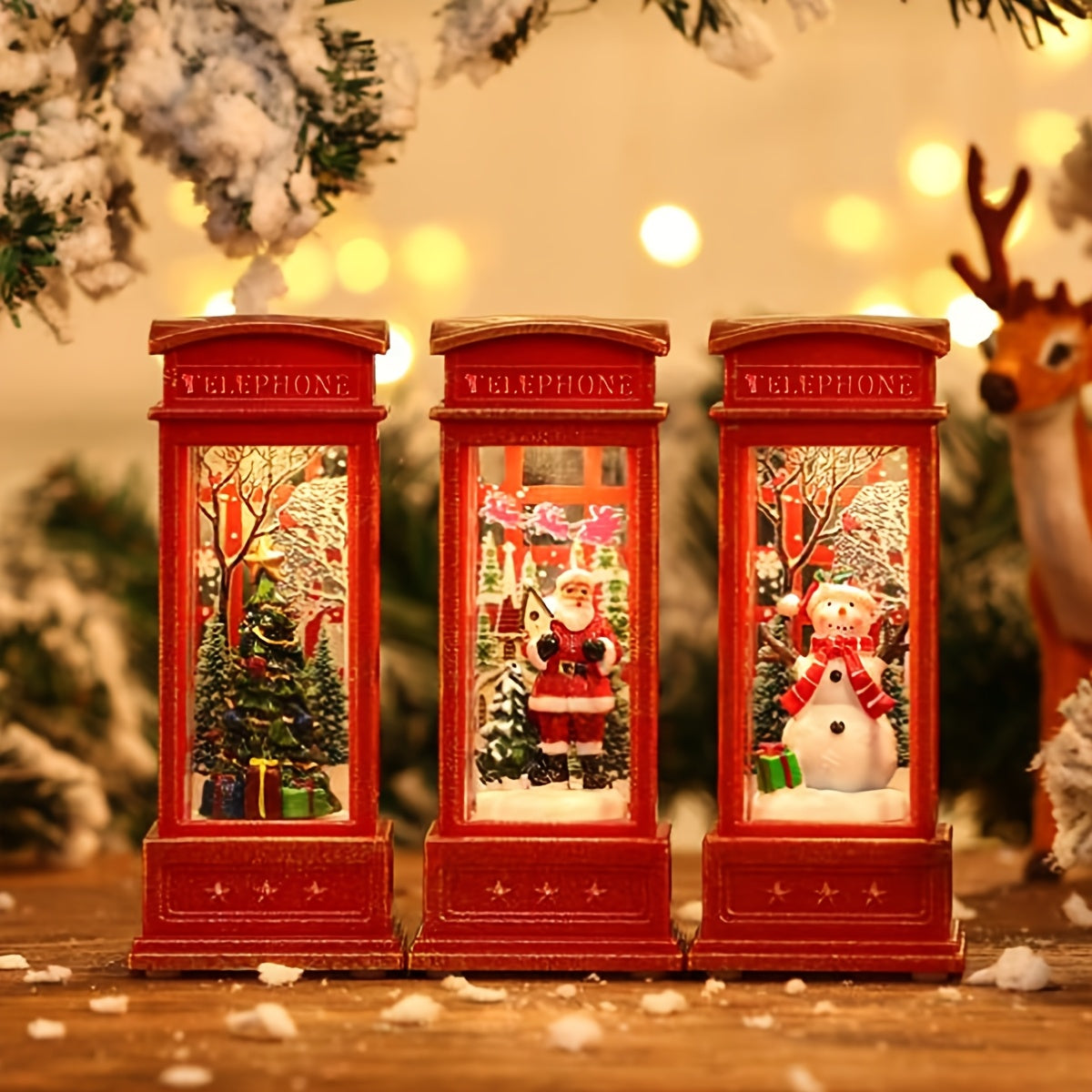 Festive Christmas Phone Booth Decoration with Santa Snowman Tree Scenes Battery-Operated Illuminated Red Cabinet