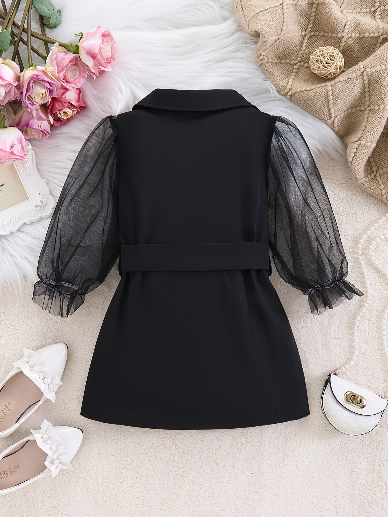 Girls Infant Toddler Mesh Dress with Belt Long Sleeve Casual Holiday Party