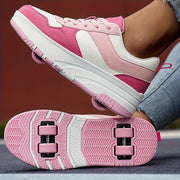 Yoshlar uchun pushti va oq dizayndagi retro uslubidagi moda rolikli konkilar, sozlanadigan qistirma tasmalari va nafas oladigan material. Partiyalar, sport va tasodifiy kiyimlar uchun mukammal. Mustahkam TPR.