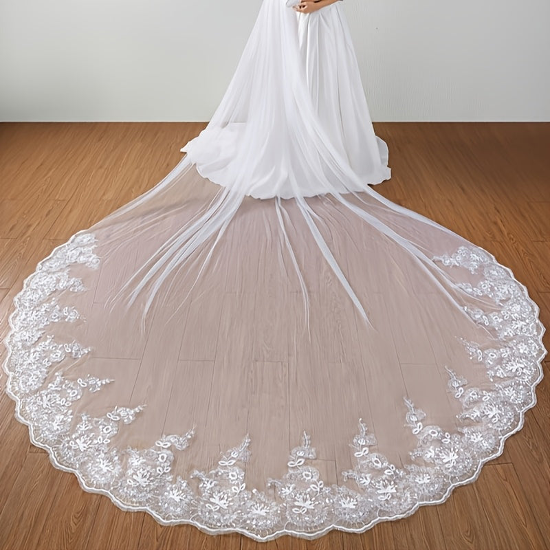 Velo de novia de encaje con lentejuelas y longitud de catedral, accesorio de boda de hilo de nylon