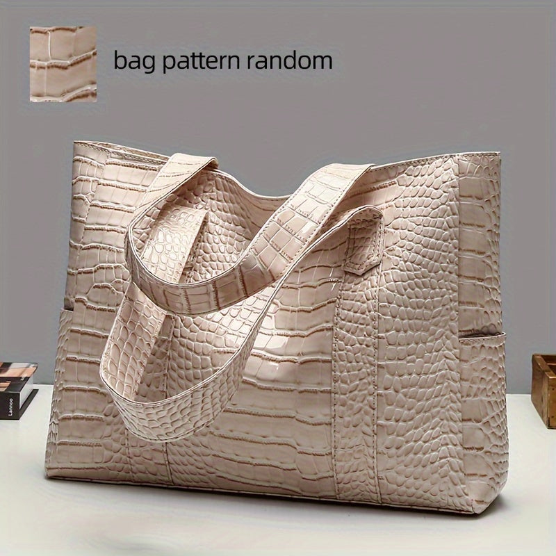 Blue Crocodile-Embossed PU Tote Bag with Zipper Closure for Women