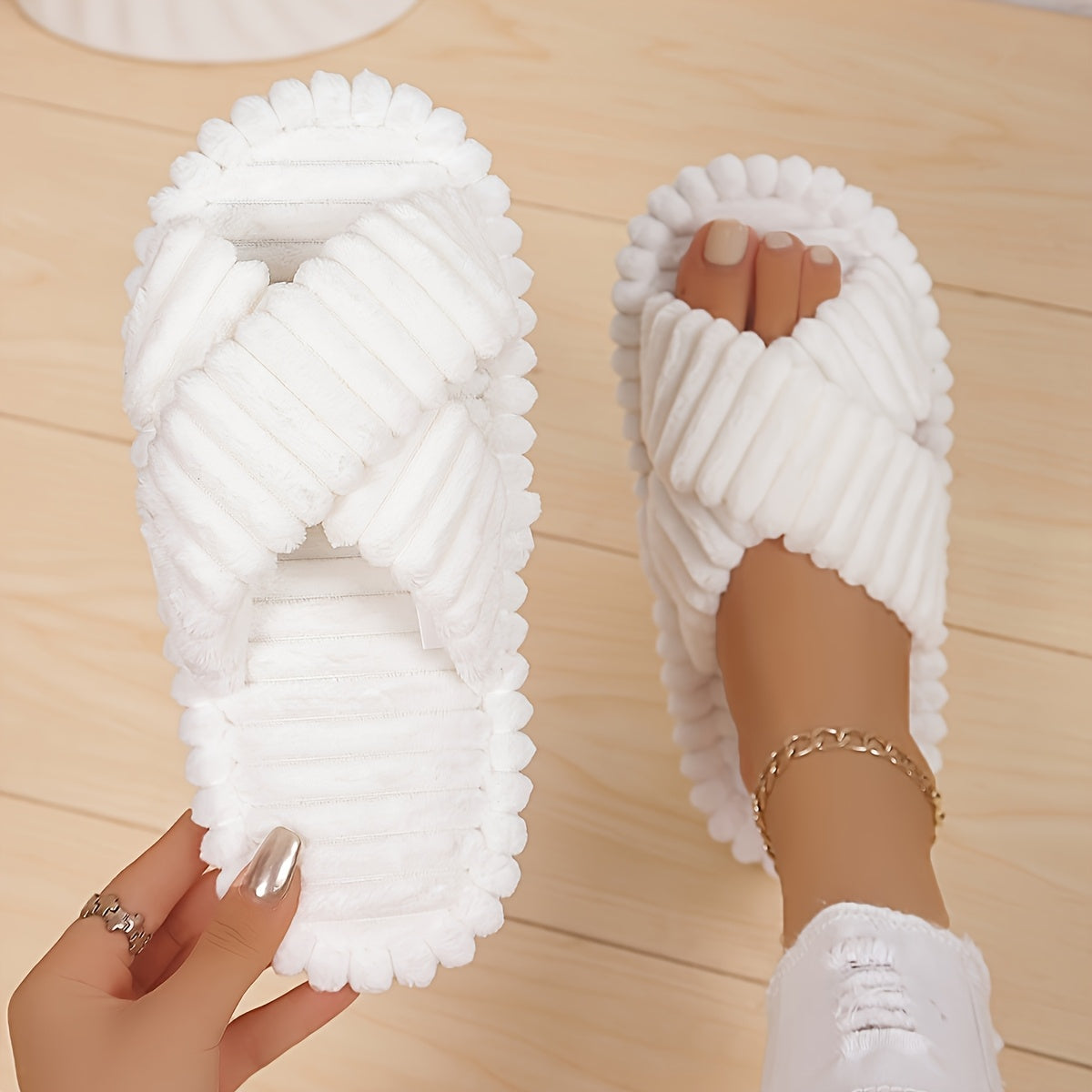 Women Plush Slip-On Slippers Soft Pink Faux Fur EVA Sole All-Season Comfort