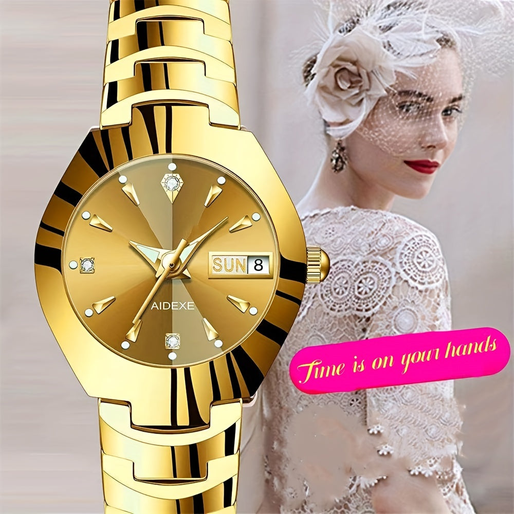 Women's Rhinestone Quartz Watch with Calendar Round Analog Display