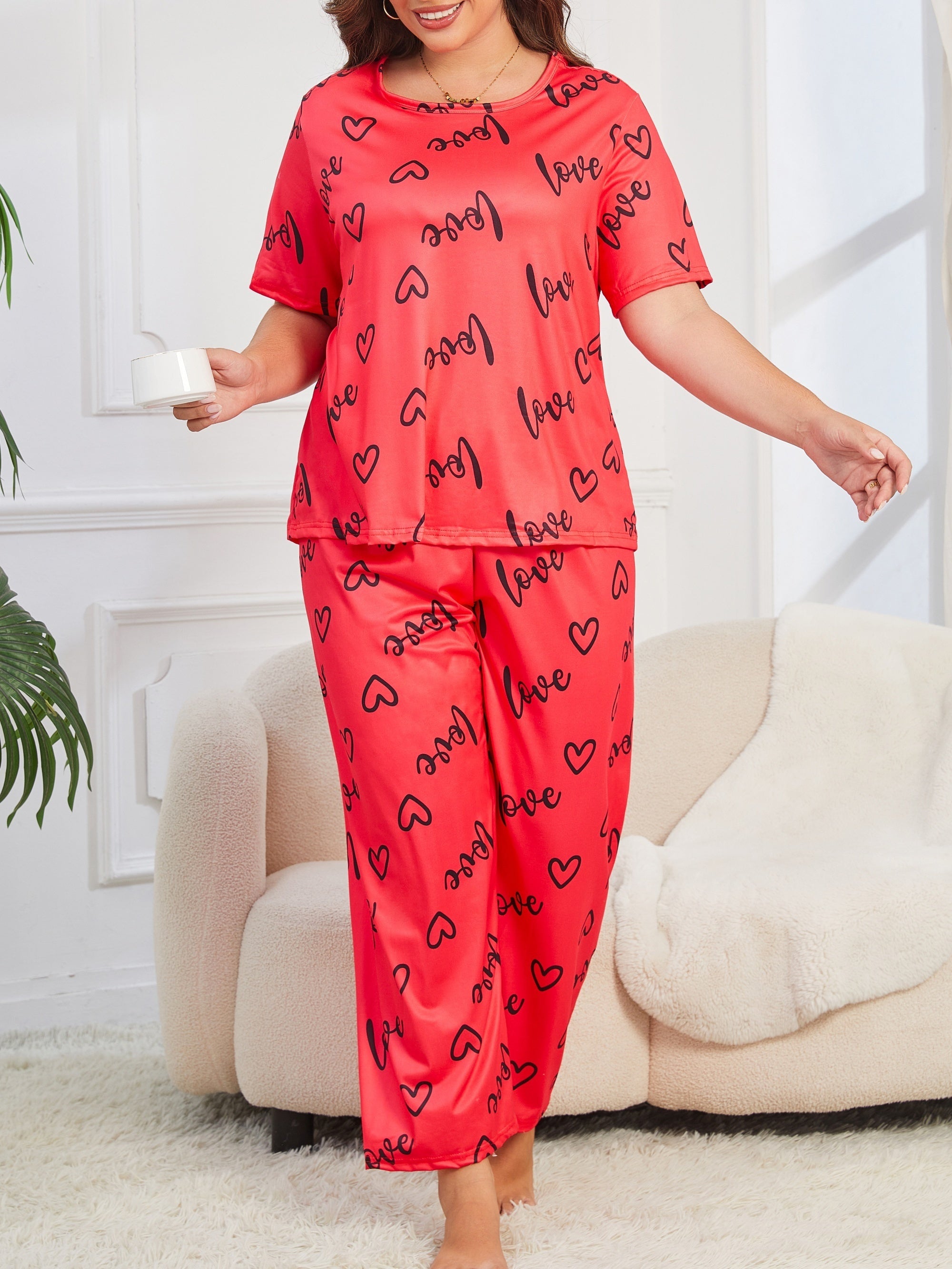 Women's Plus Size Letter Print Short Sleeve Pajama Set All Seasons