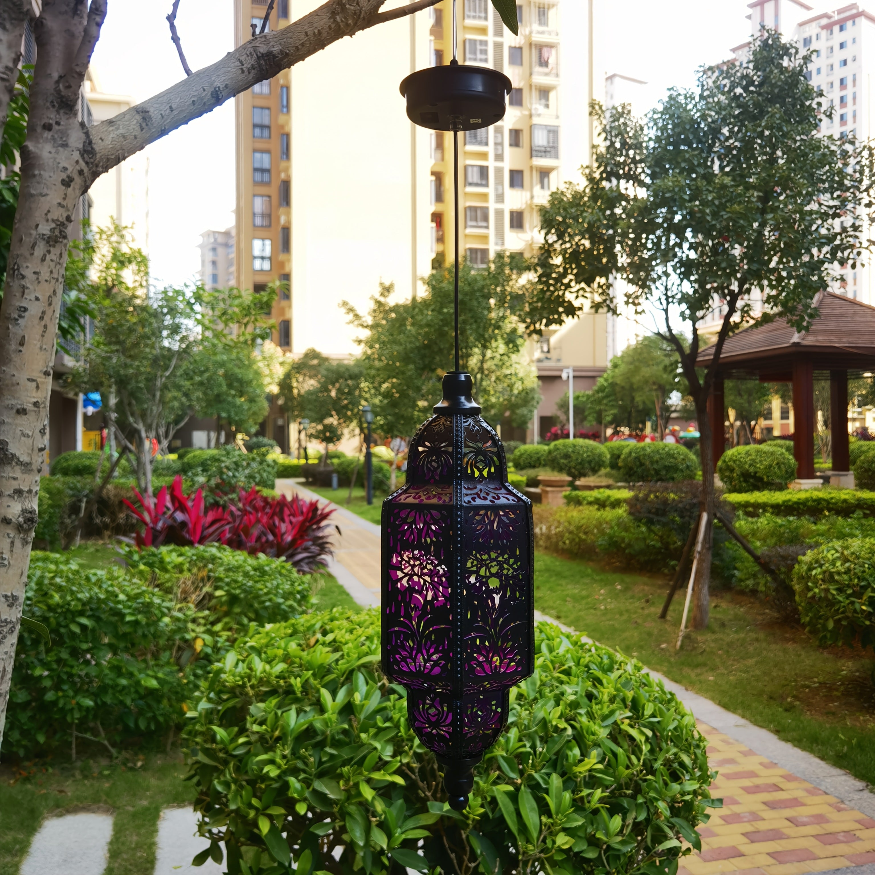 Moroccan Hexagonal Solar Lantern with Flower Projections for Outdoor Decoration