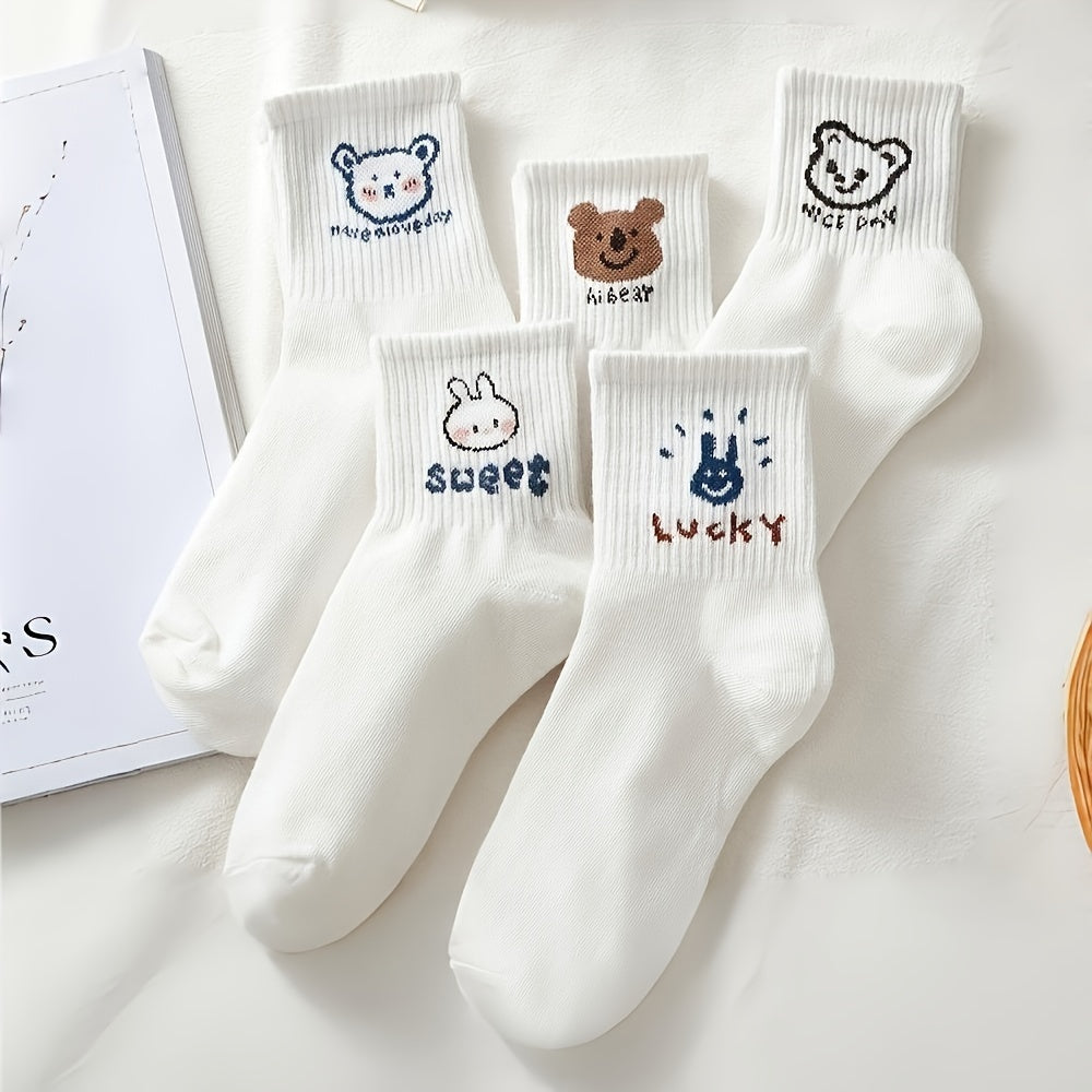 Pack de 5 calcetines cortos con estampado de dibujos animados blancos para mujer, de tela de punto transpirable
