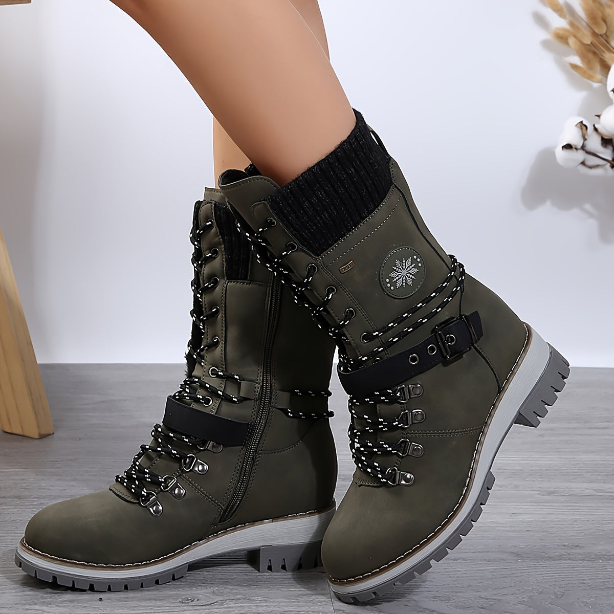 Women's Knit-Lined Lace-Up Mid-Calf Boots with Low Block Heel in Green Grey Purple