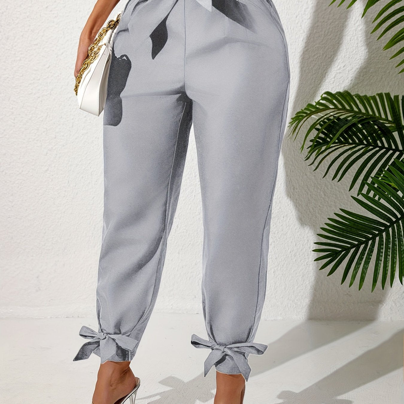 Plus Size Solid Straight Leg Pants with Elastic Drawstring Waist and Bow Detail for Spring and Summer