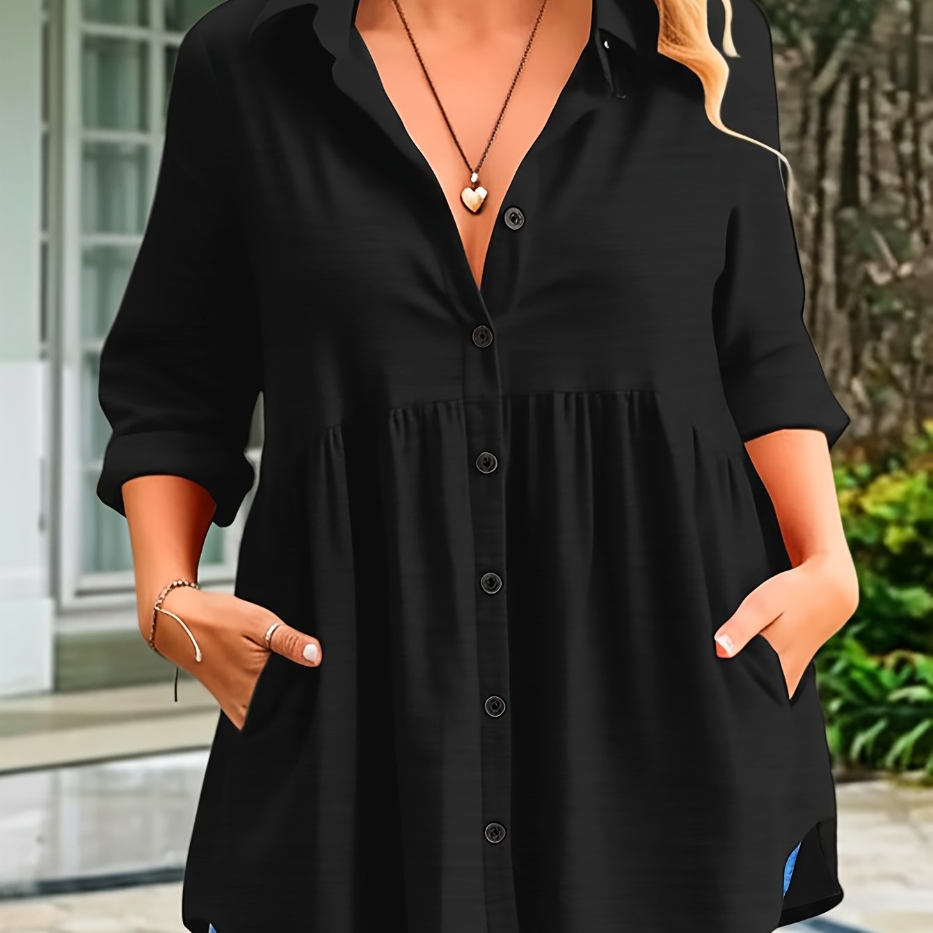 Plus Size Women's Blouse Soft Ice Silky Fiber Button-Up Collar Pockets A-Line Long Sleeve Spring Summer Fall