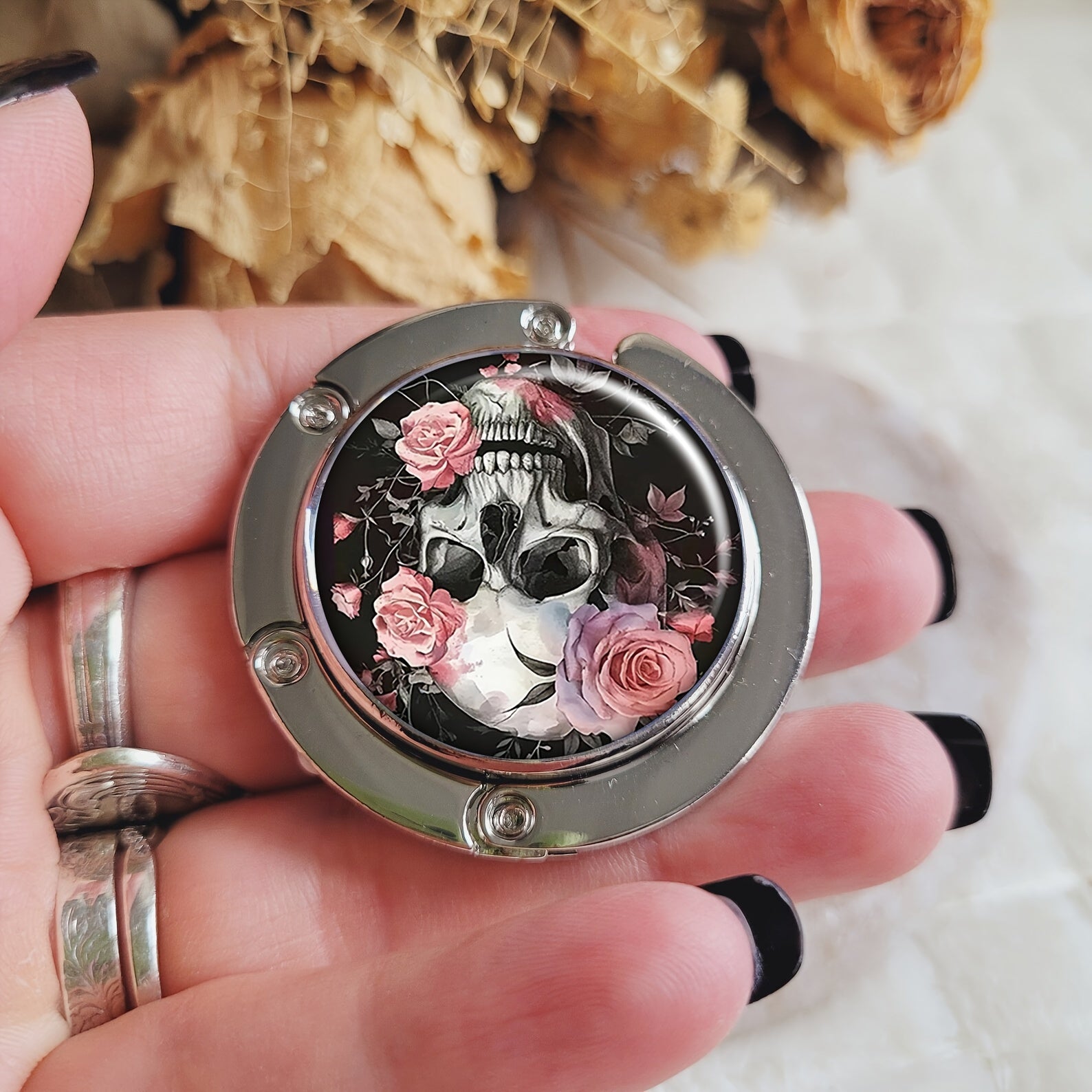 Foldable Handbag Hanger with Floral Sugar Skull Design Zinc Alloy Purse Hook