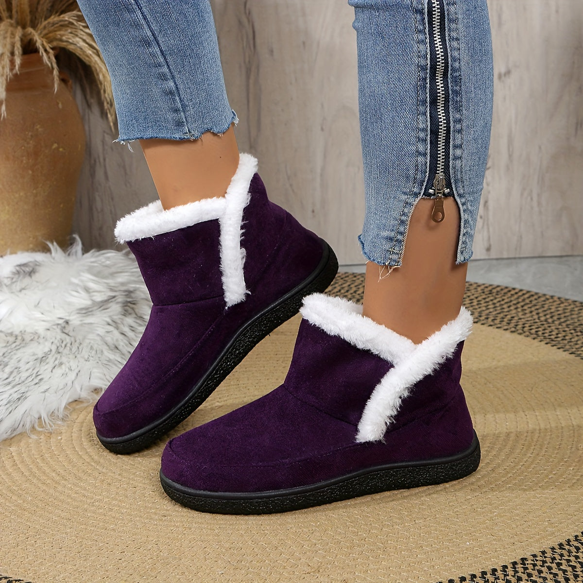 Women's Winter Plush Lined Slip-On Ankle Boots with Rubber Sole