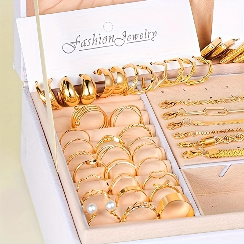 Ayollar uchun 57 ta zamonaviy metall zargarlik buyumlari to'plami: zanjirlar, sirg'alar, bilaguzuklar, uzuklar, oyoq uzuklari