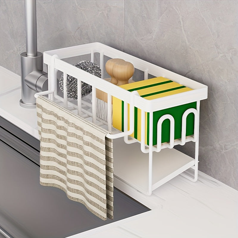 Black And White Kitchen Sink Organizer With Towel Rack And Accessories